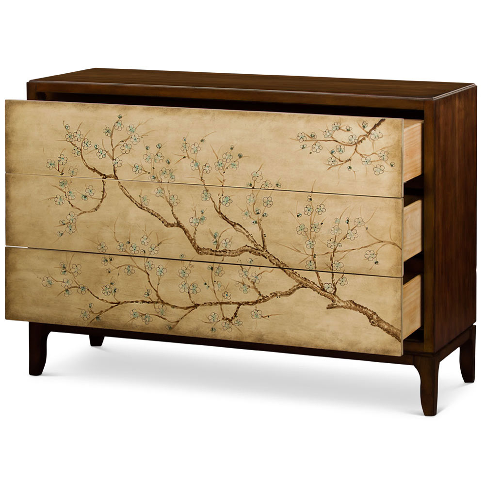 50in Hand Painted Cherry Blossom Motif Oriental Chest of Three Drawers