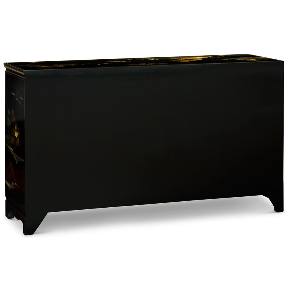 Black Lacquer Chinoiserie Scenery Motif Oriental Cabinet