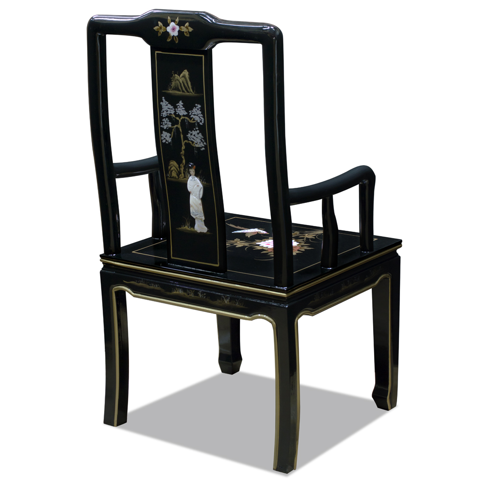 Black Lacquer Bird and Peony Motif Oriental Arm Chair