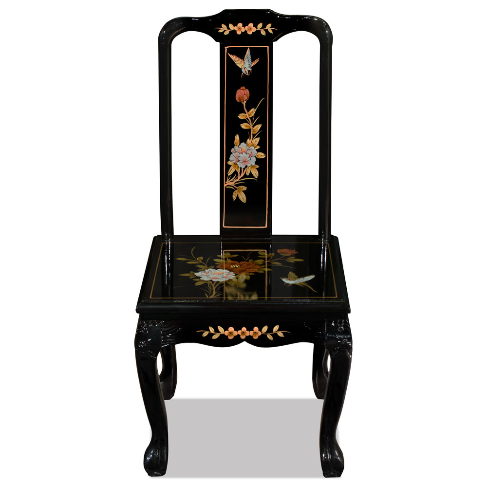 Black Queen Anne Peony Motif Oriental Accent Chair