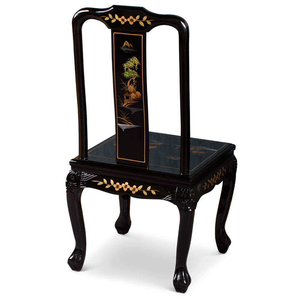 Black Lacquer Chinoiserie Scenery Motif Oriental Tiger Claw Chair