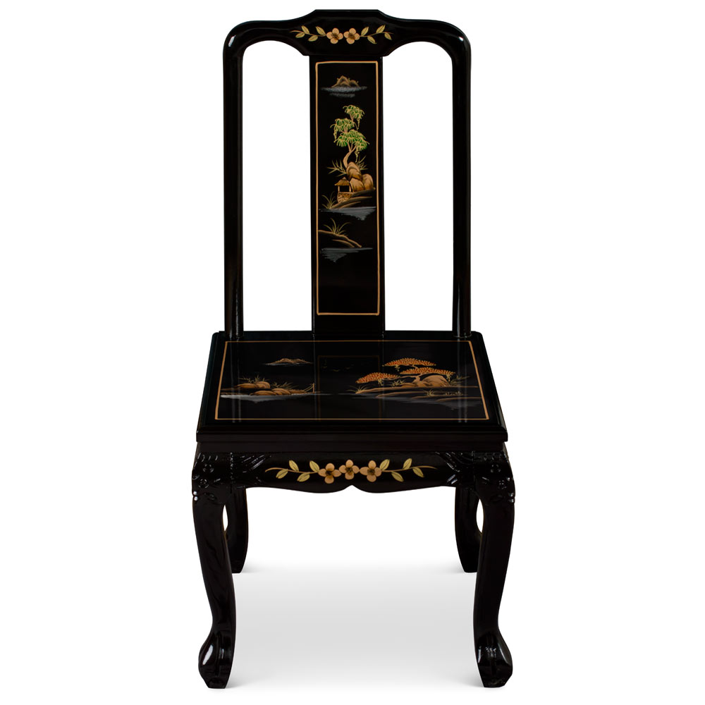 Black Lacquer Chinoiserie Scenery Motif Oriental Tiger Claw Chair