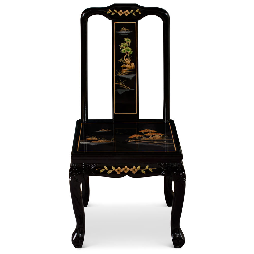 Black Lacquer Chinoiserie Scenery Motif Oriental Tiger Claw Chair