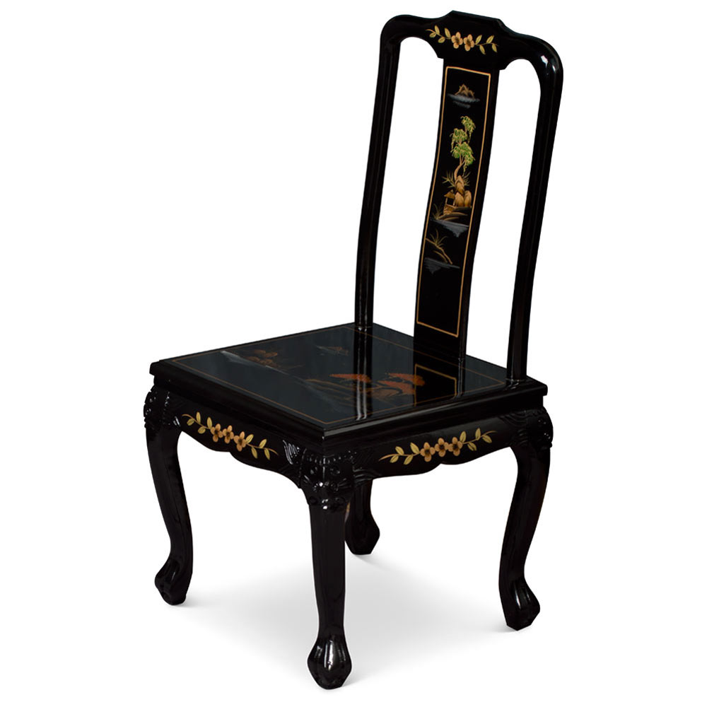 Black Lacquer Chinoiserie Scenery Motif Oriental Tiger Claw Chair