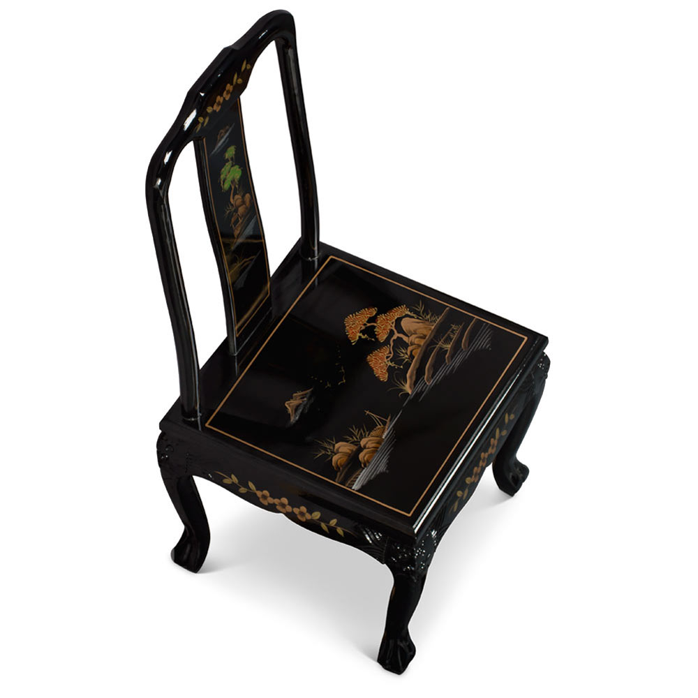 Black Lacquer Chinoiserie Scenery Motif Oriental Tiger Claw Chair