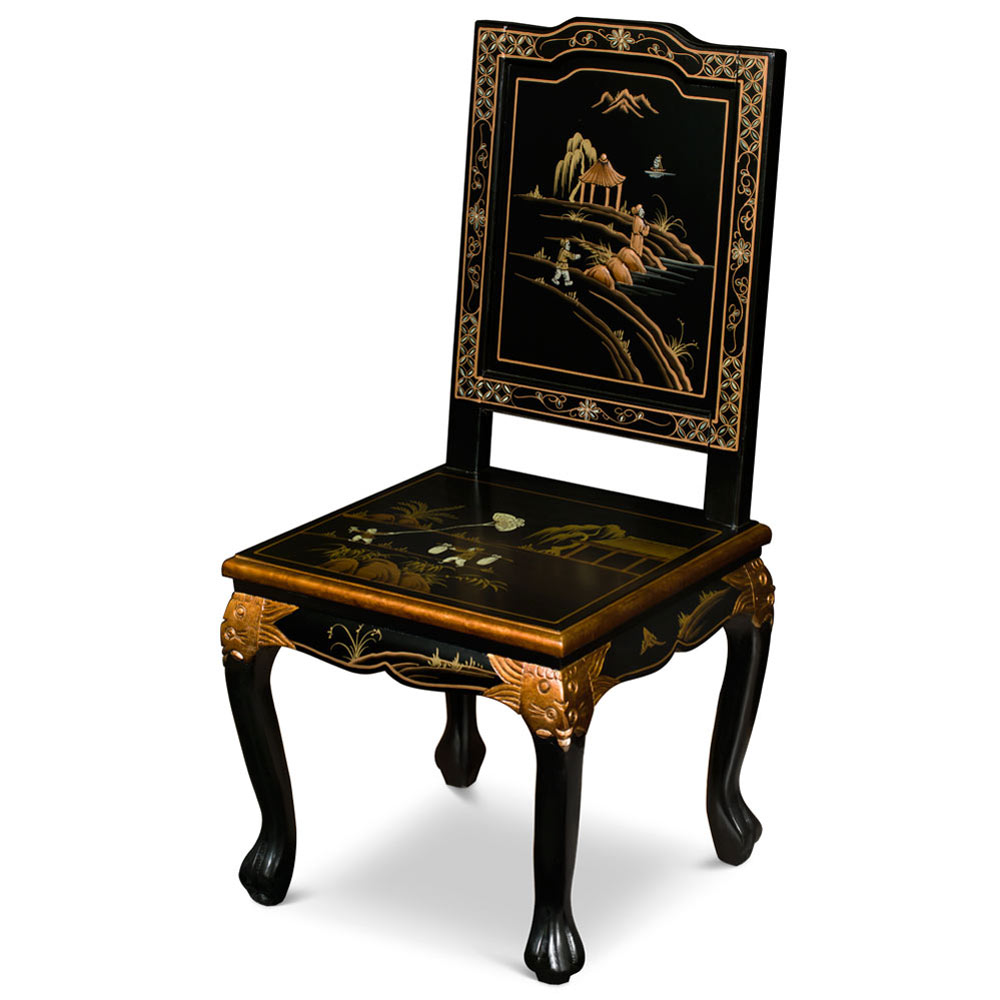 Black Queen Anne Chinoiserie Scenery Motif Oriental Accent Chair