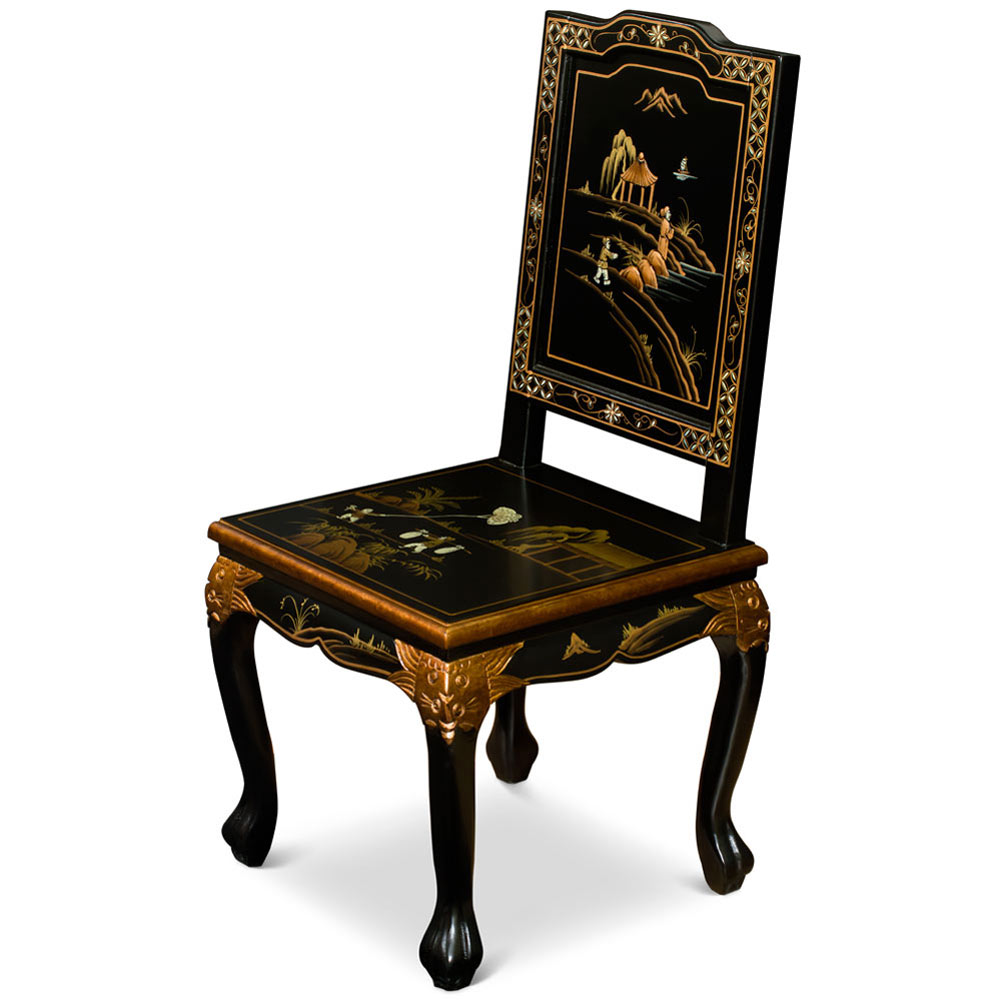 Black Queen Anne Chinoiserie Scenery Motif Oriental Accent Chair