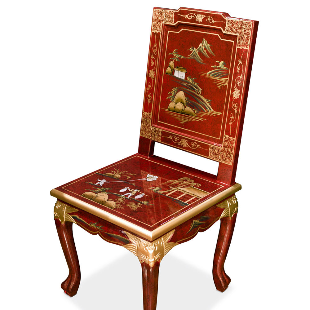 Red Queen Anne Chinoiserie Scenery Motif Oriental Accent Chair