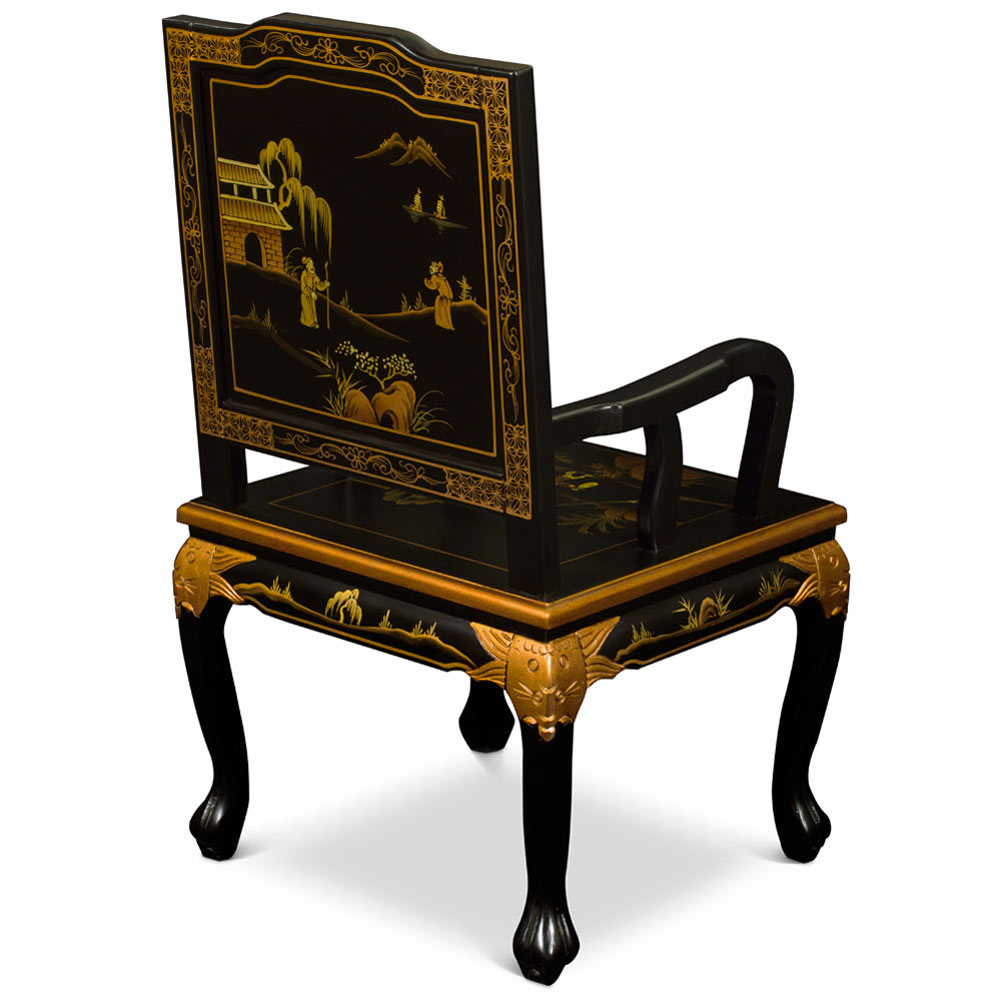 Black Queen Anne Chinoiserie Scenery Motif Oriental Arm Chair