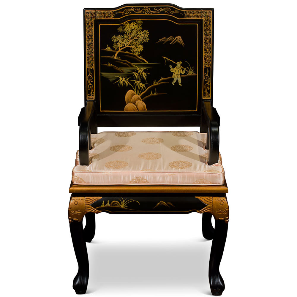 Black Queen Anne Chinoiserie Scenery Motif Oriental Arm Chair