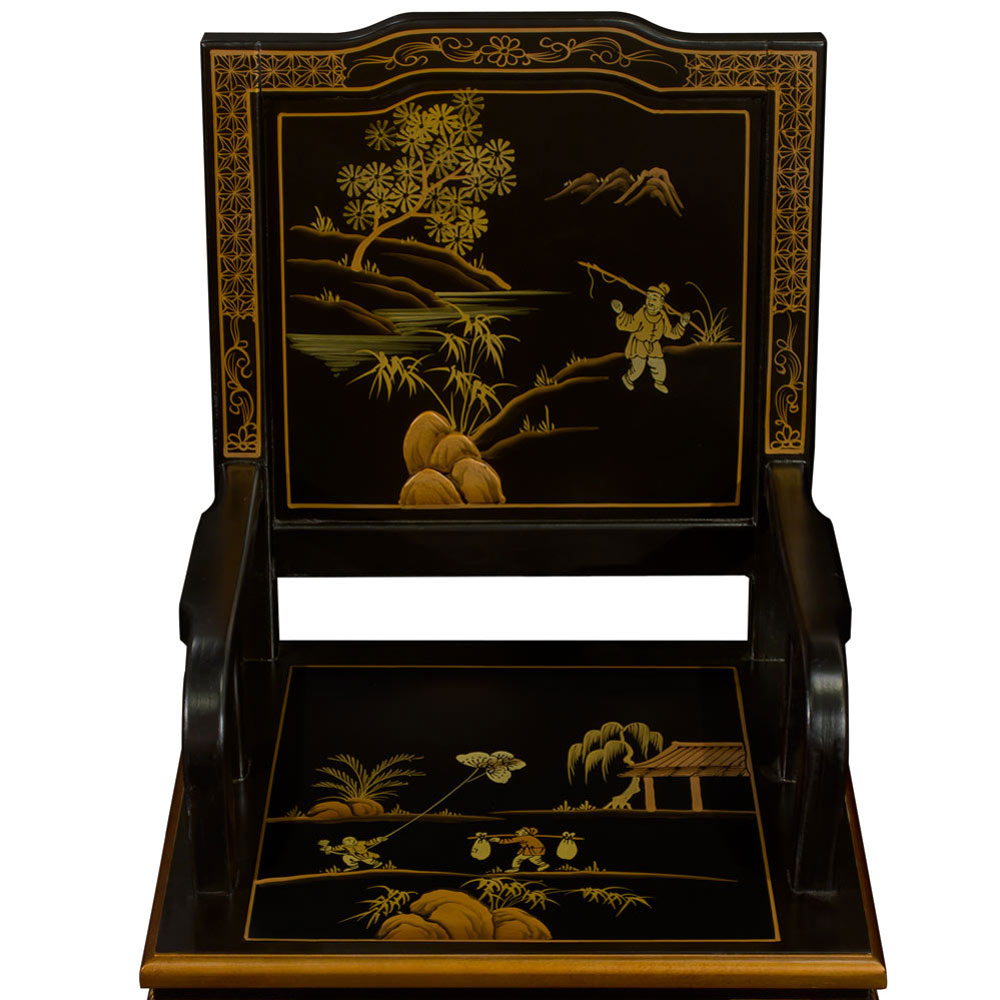 Black Queen Anne Chinoiserie Scenery Motif Oriental Arm Chair