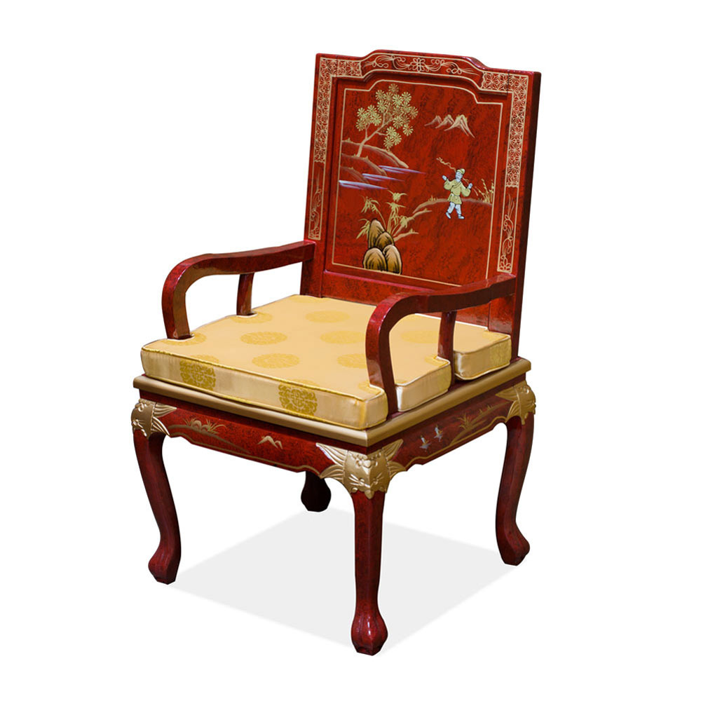 Red Queen Anne Chinoiserie Scenery Oriental Arm Chair