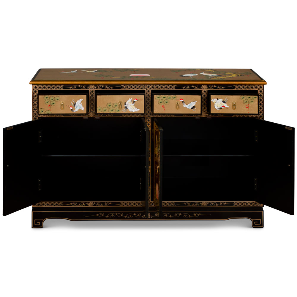 Hand Painted Gold Leaf Crane Oriental Sideboard