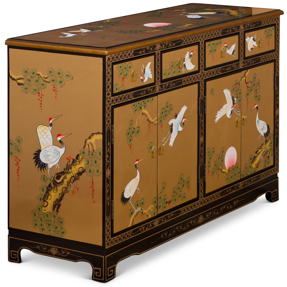 Hand Painted Gold Leaf Crane Oriental Sideboard