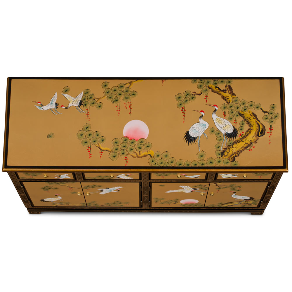 Hand Painted Gold Leaf Crane Oriental Sideboard