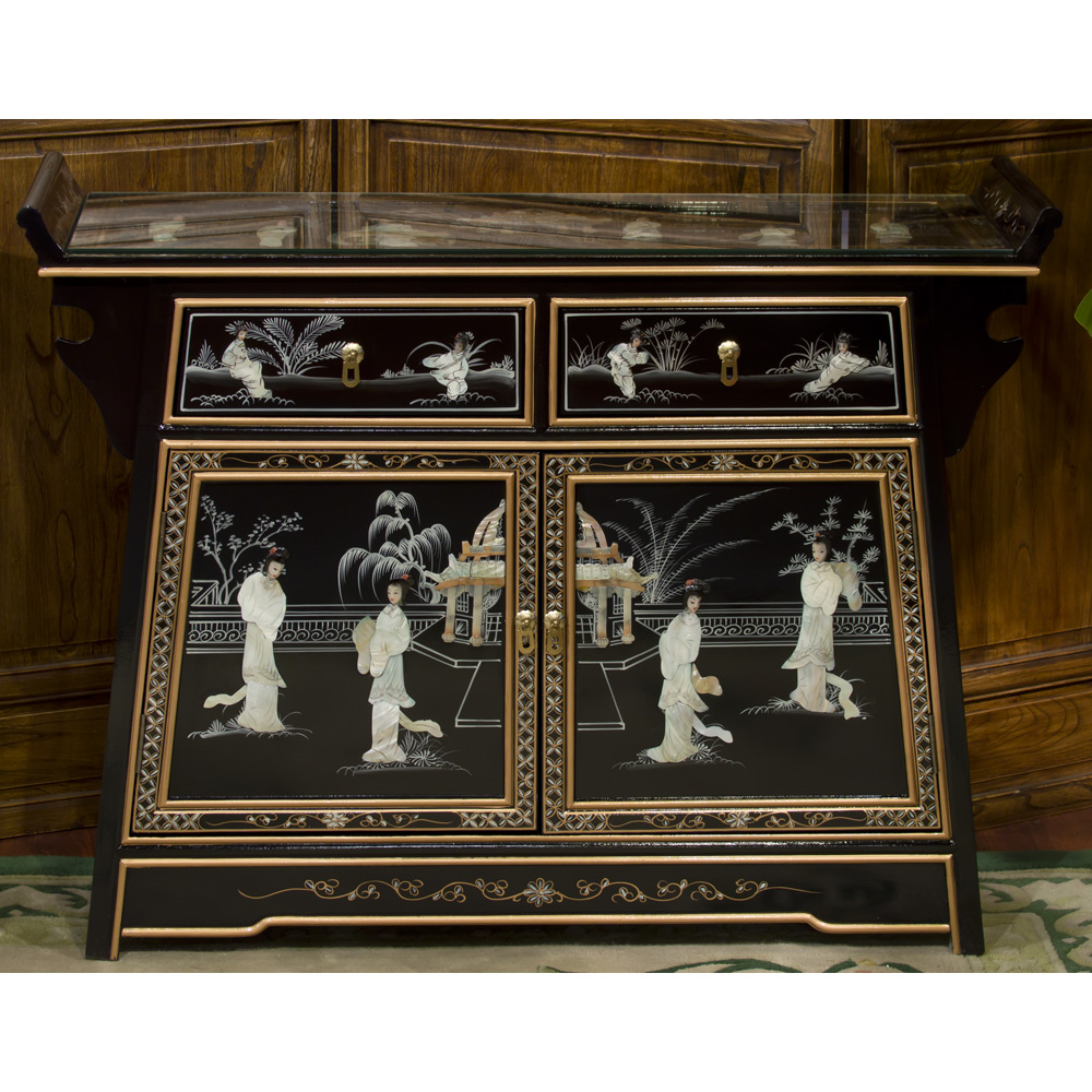 Black Lacquer Mother of Pearl Motif Oriental Altar Style Cabinet