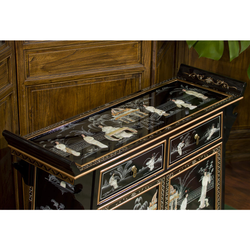 Black Lacquer Mother of Pearl Motif Oriental Altar Style Cabinet