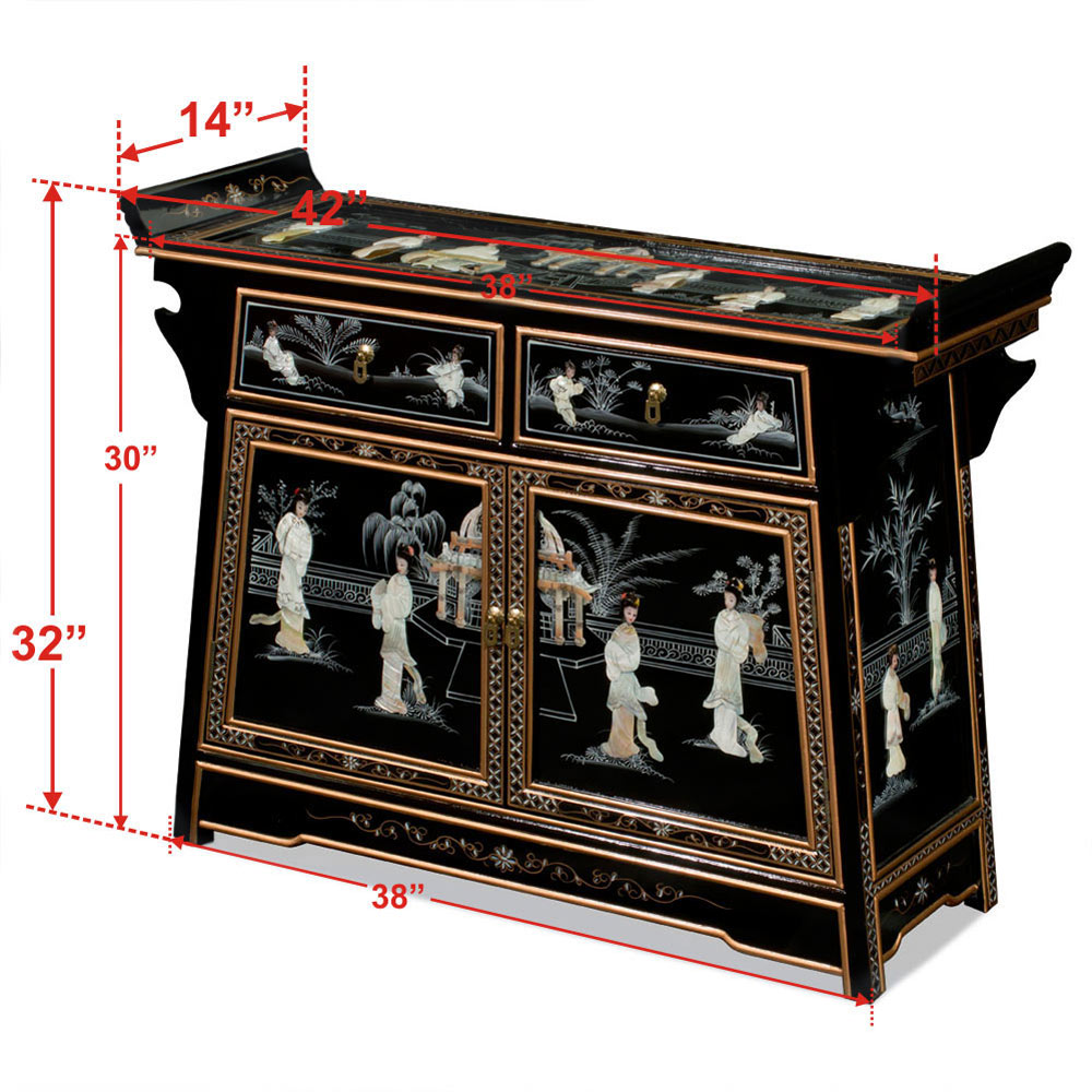 Black Lacquer Mother of Pearl Motif Oriental Altar Style Cabinet