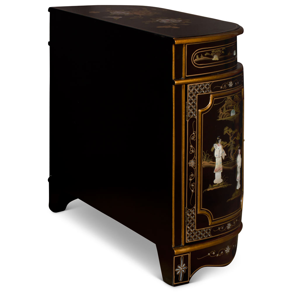 Black Lacquer Mother of Pearl Oriental Curved Accent Cabinet