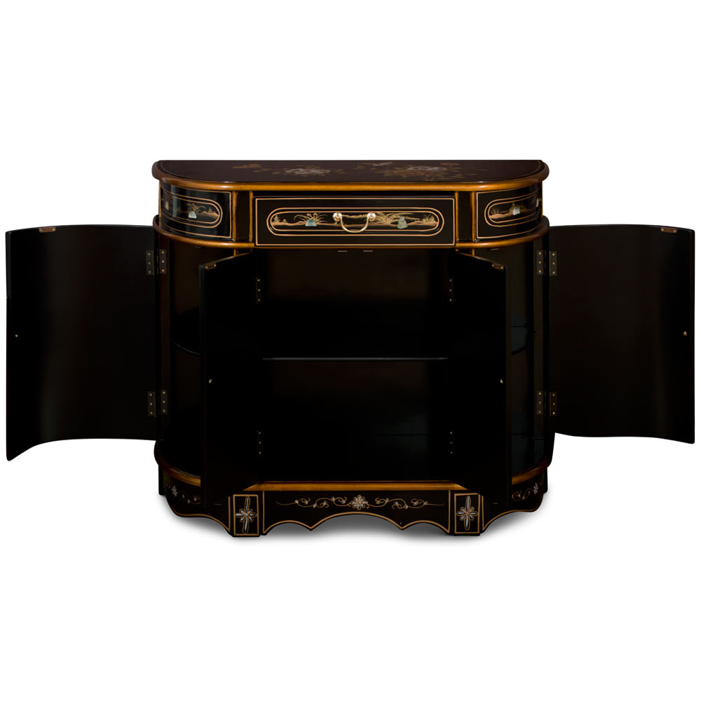 Black Lacquer Mother of Pearl Oriental Curved Accent Cabinet