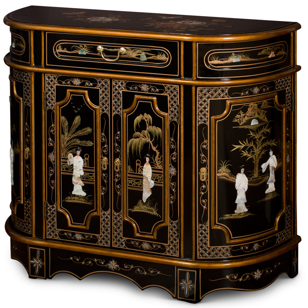 Black Lacquer Mother of Pearl Oriental Curved Accent Cabinet