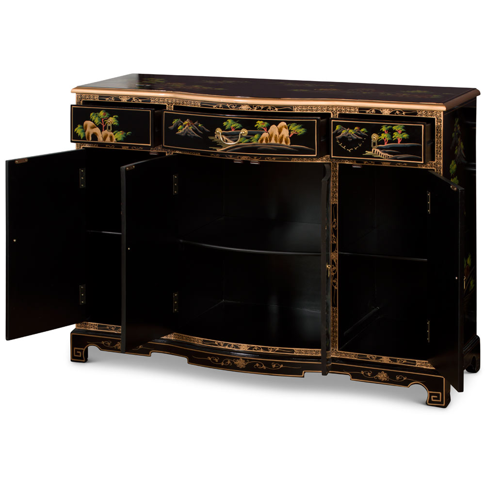 Black Lacquer Chinoiserie Scenery Motif Oriental Hall Cabinet