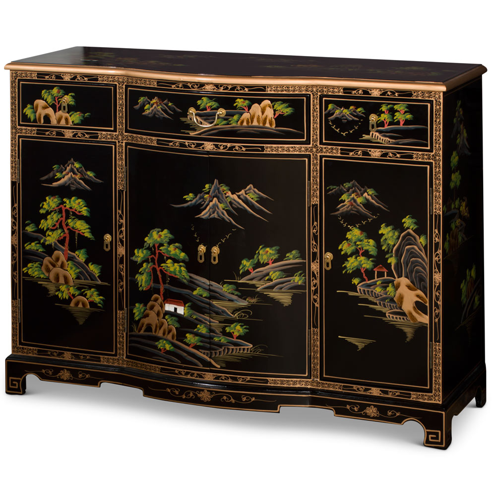 Black Lacquer Chinoiserie Scenery Motif Oriental Hall Cabinet