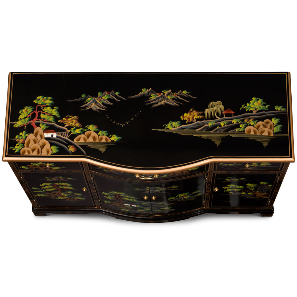 Black Lacquer Chinoiserie Scenery Motif Oriental Hall Cabinet