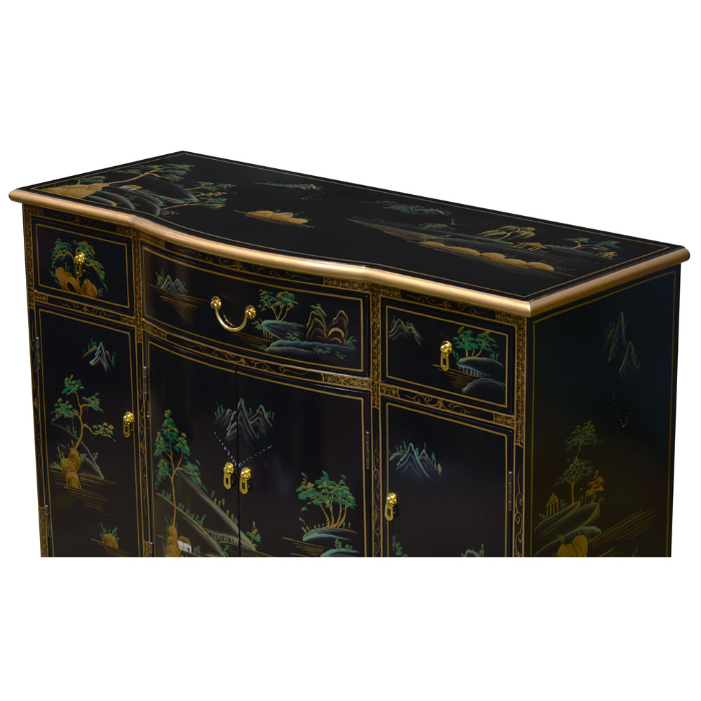 Black Lacquer Chinoiserie Scenery Motif Oriental Hall Cabinet