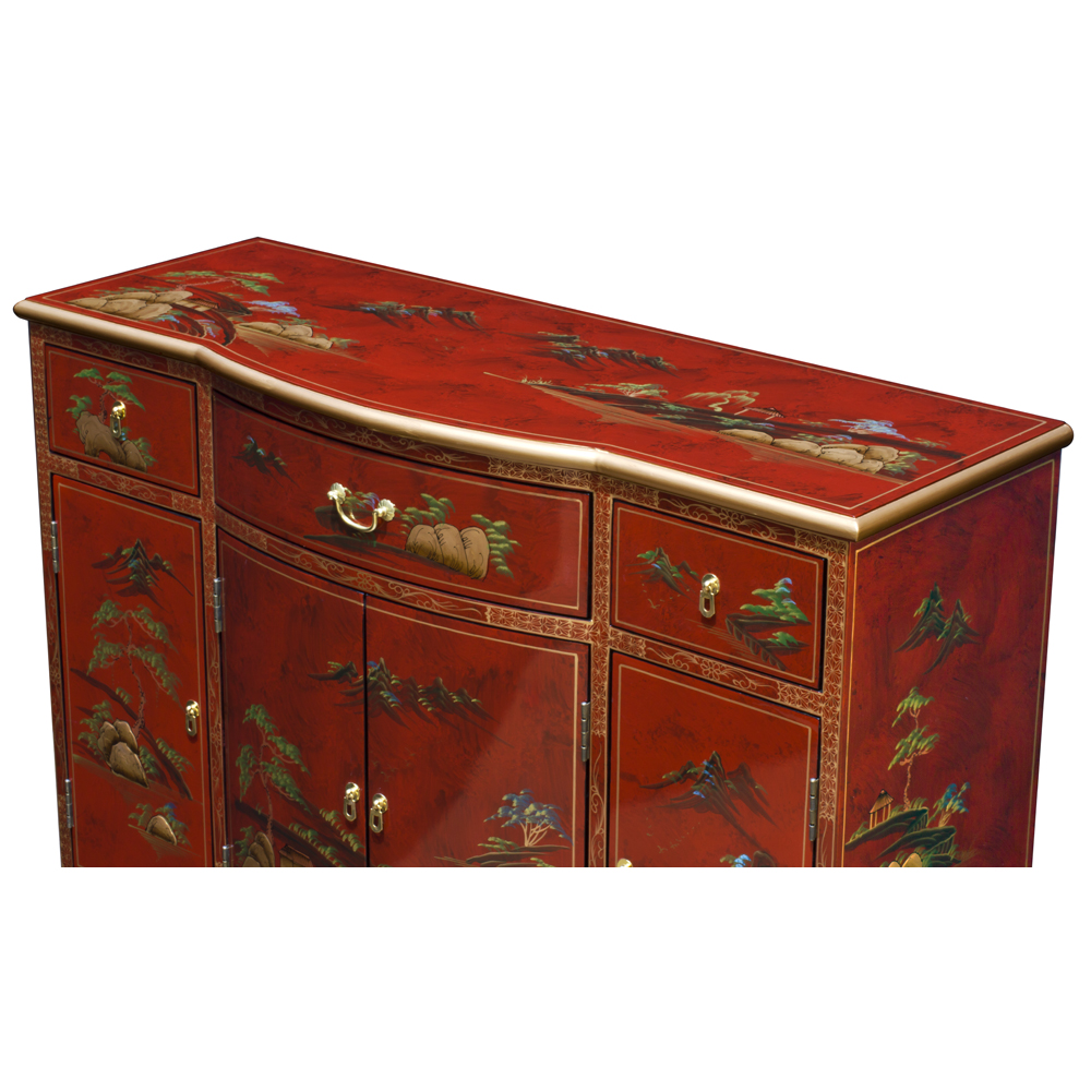 Red Lacquer Chinoiserie Scenery Motif Oriental Hall Cabinet