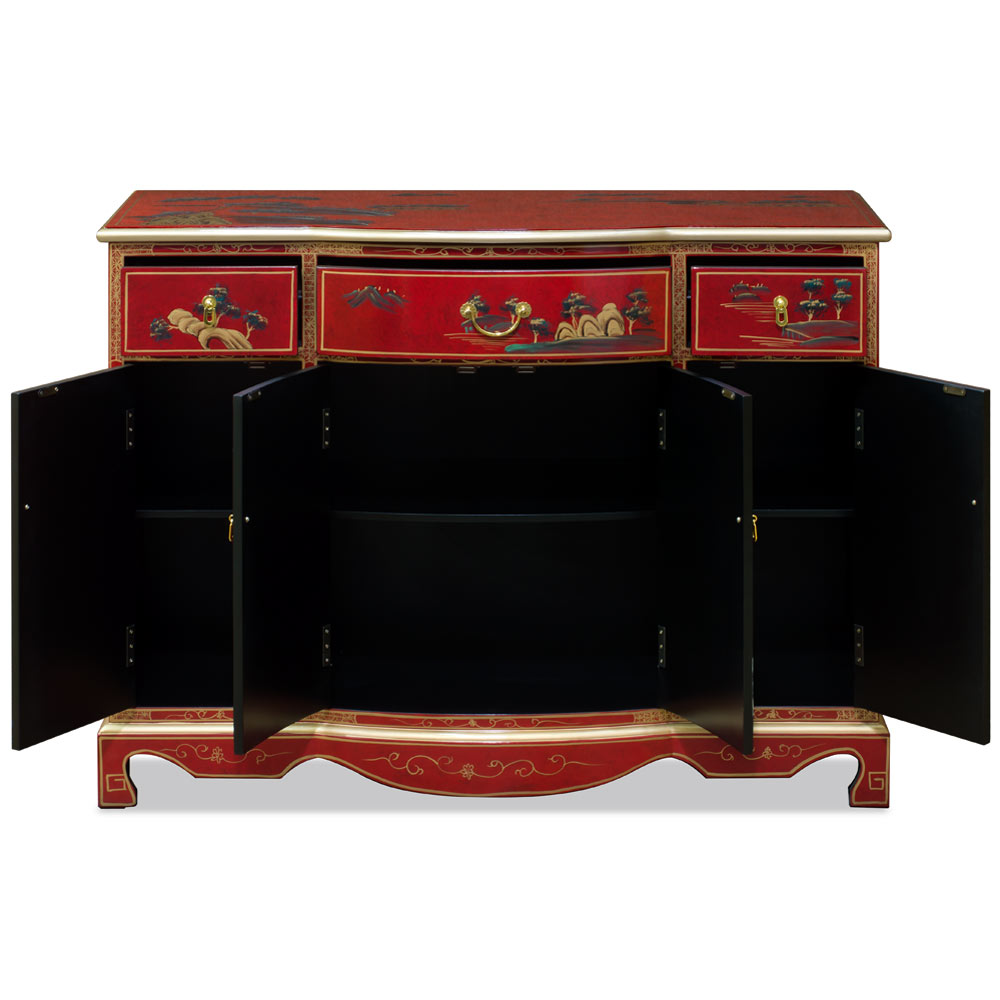 Red Lacquer Chinoiserie Scenery Motif Oriental Hall Cabinet