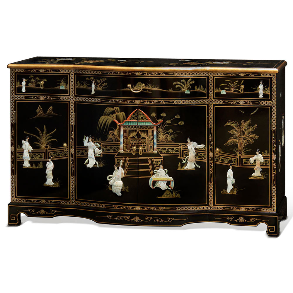 Black Lacquer Mother of Pearl Oriental Sideboard