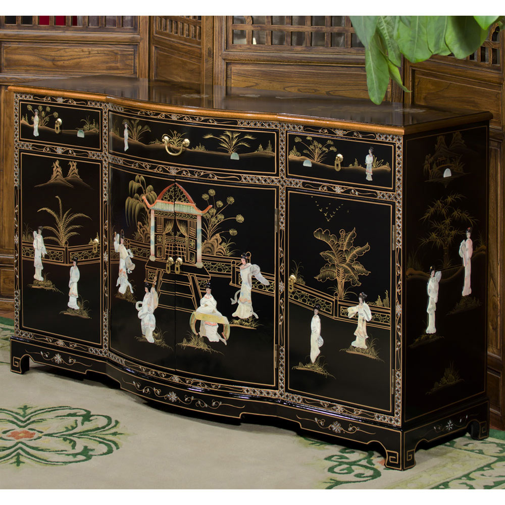 Black Lacquer Mother of Pearl Oriental Sideboard