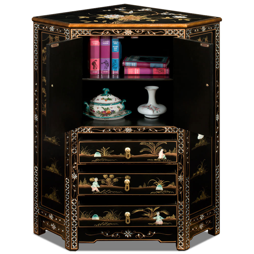 Black Lacquer Mother of Pearl Oriental Corner Cabinet