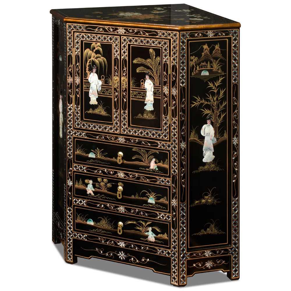 Black Lacquer Mother of Pearl Oriental Corner Cabinet