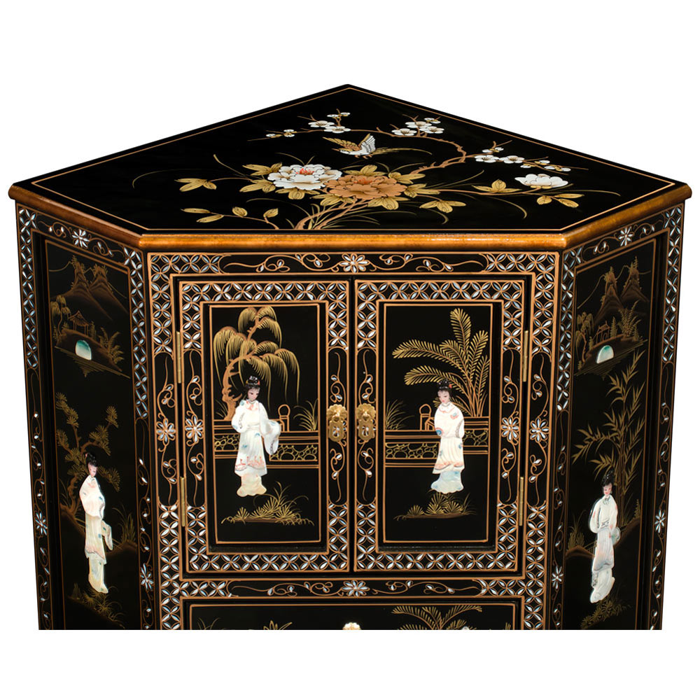 Black Lacquer Mother of Pearl Oriental Corner Cabinet