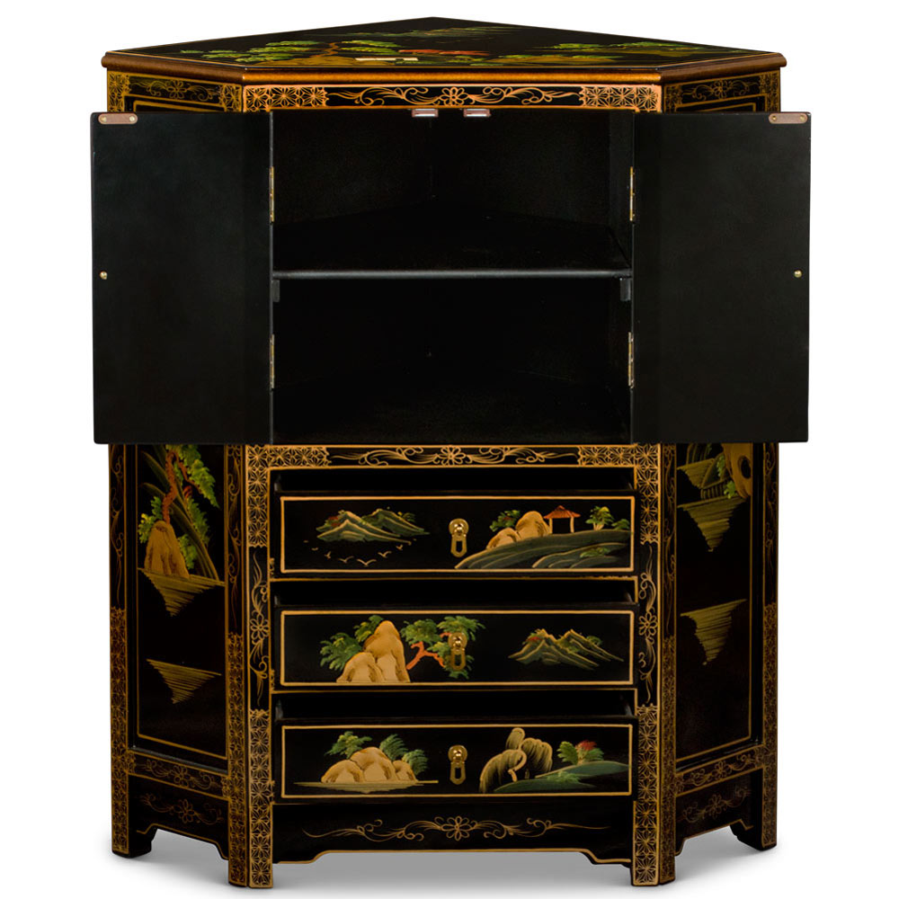 Black Lacquer Chinoiserie Landscape Oriental Corner Cabinet