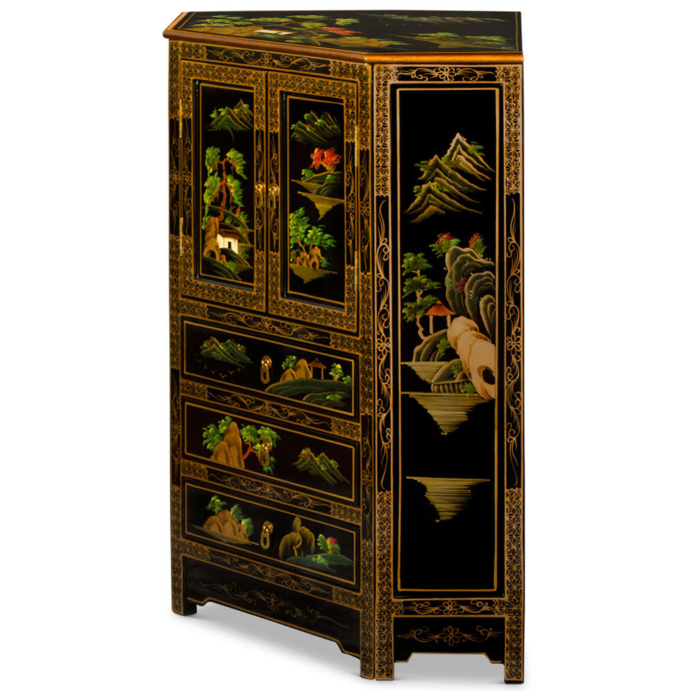 Black Lacquer Chinoiserie Landscape Oriental Corner Cabinet