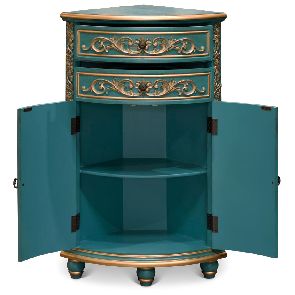 Aquamarine Blue and Gold French Style Oriental Round Corner Cabinet