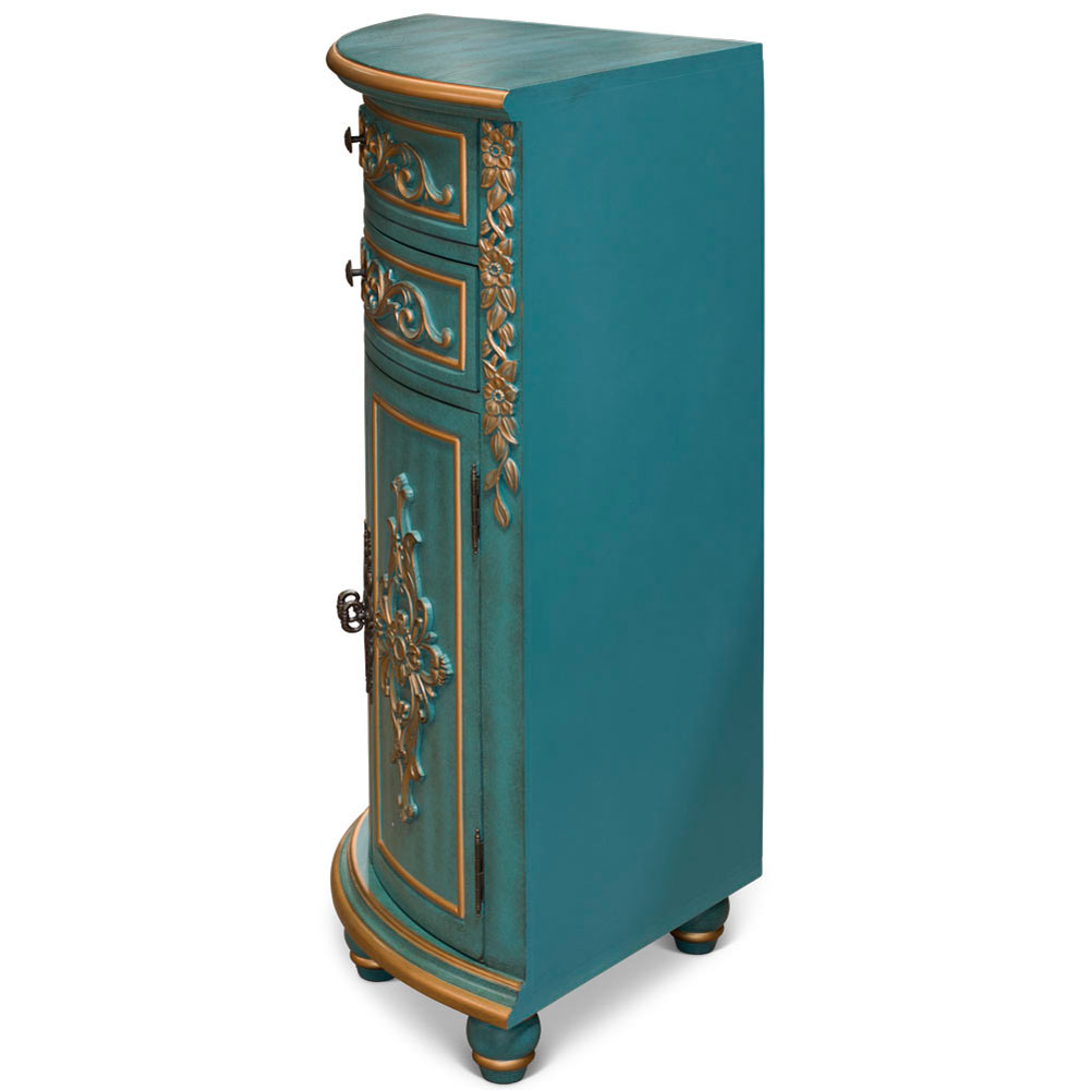 Aquamarine Blue and Gold French Style Oriental Round Corner Cabinet