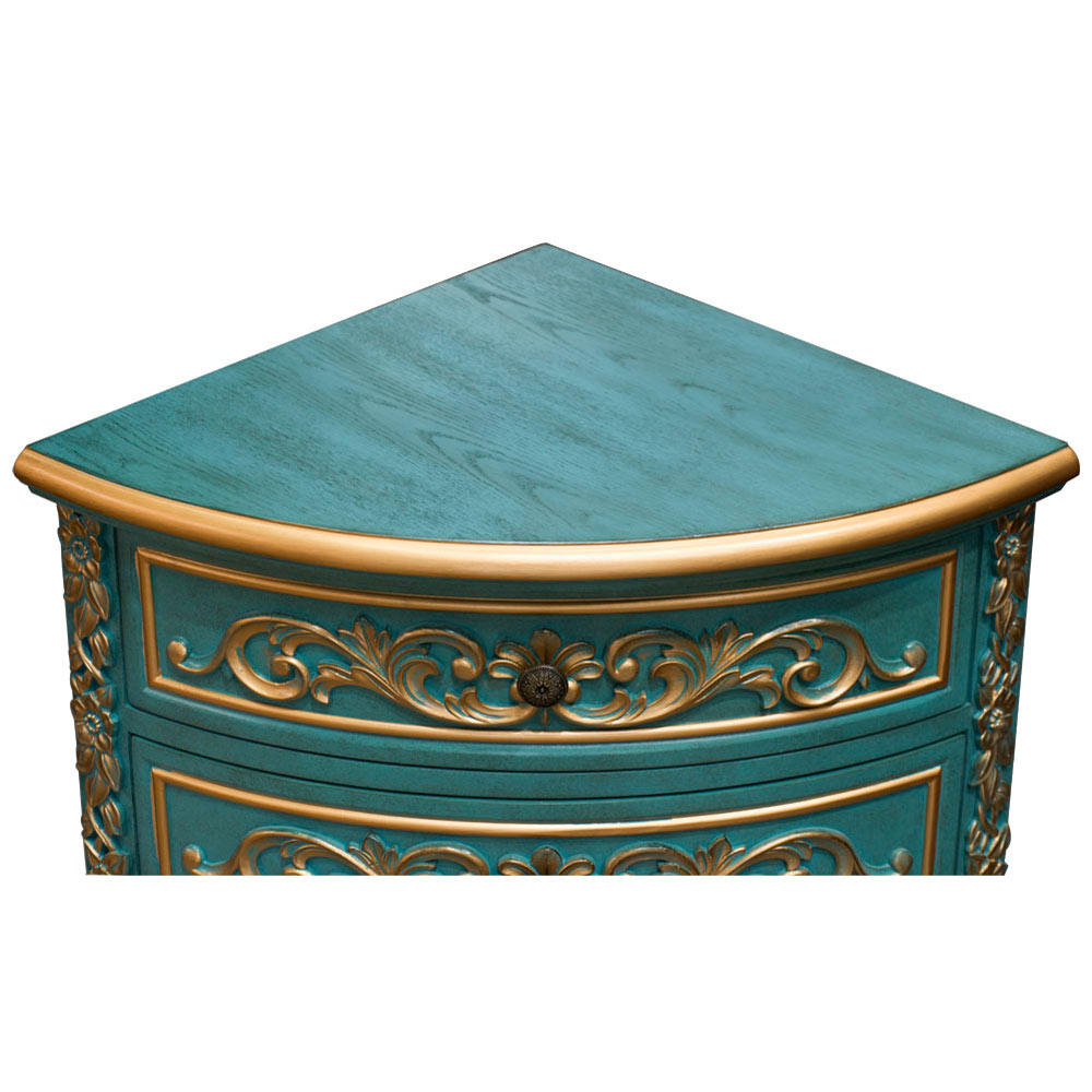 Aquamarine Blue and Gold French Style Oriental Round Corner Cabinet