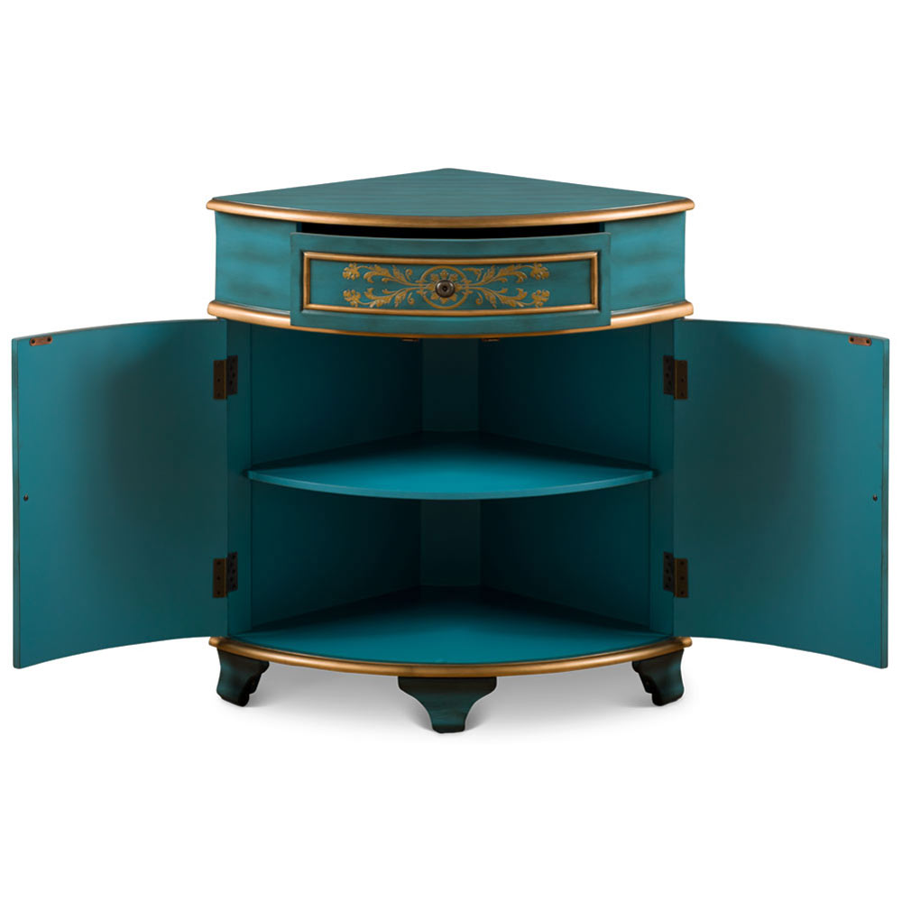 Aquamarine Blue and Gold French Style Asian Round Corner Cabinet