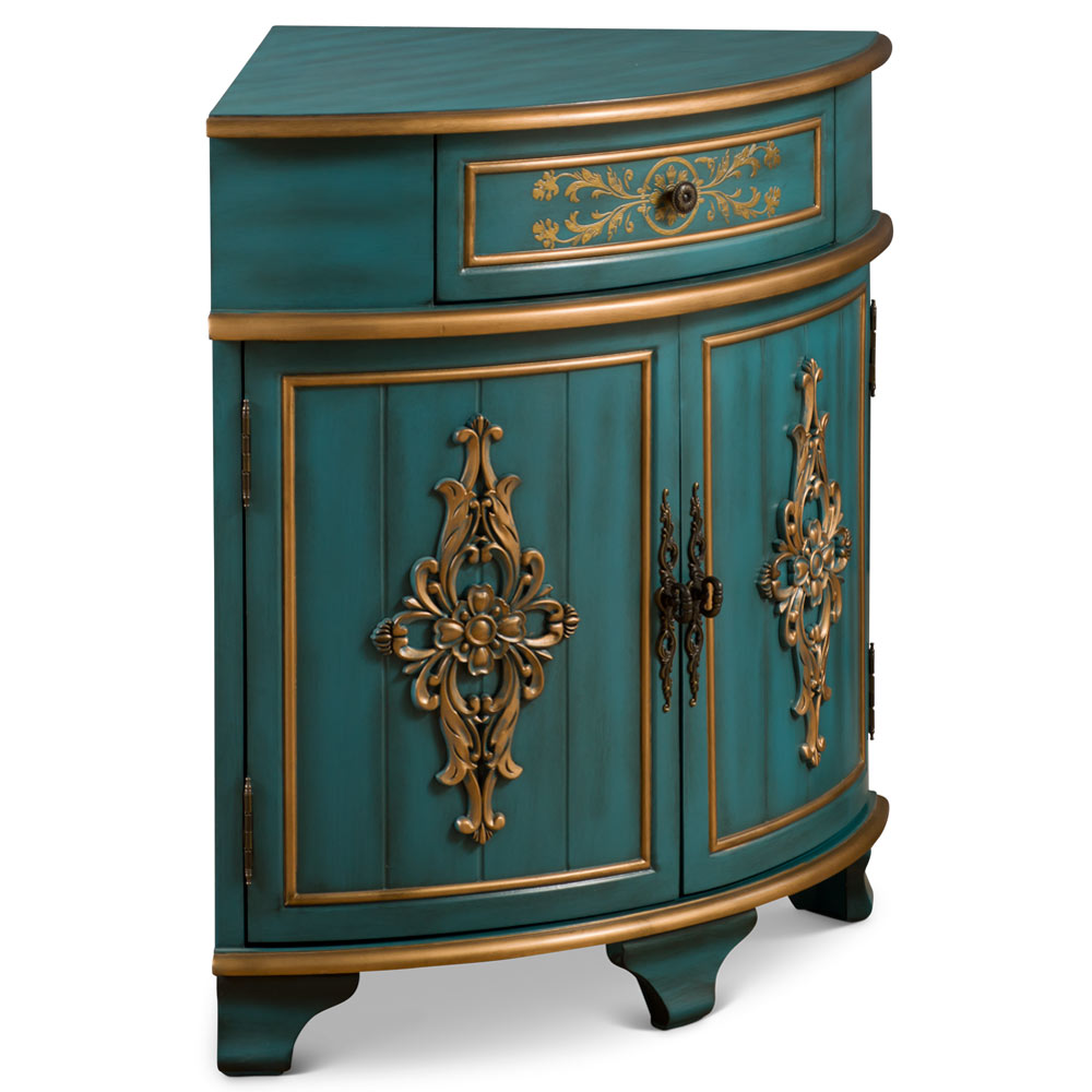 Aquamarine Blue and Gold French Style Asian Round Corner Cabinet