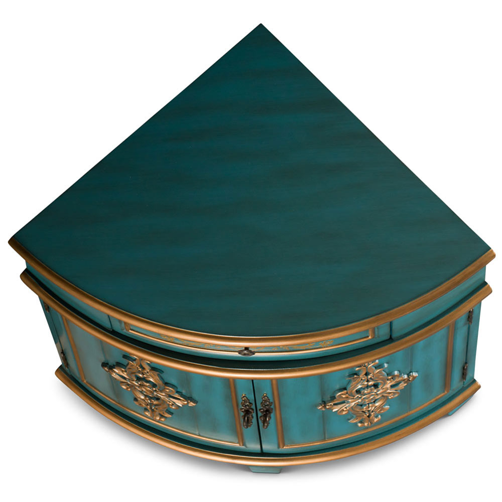 Aquamarine Blue and Gold French Style Asian Round Corner Cabinet