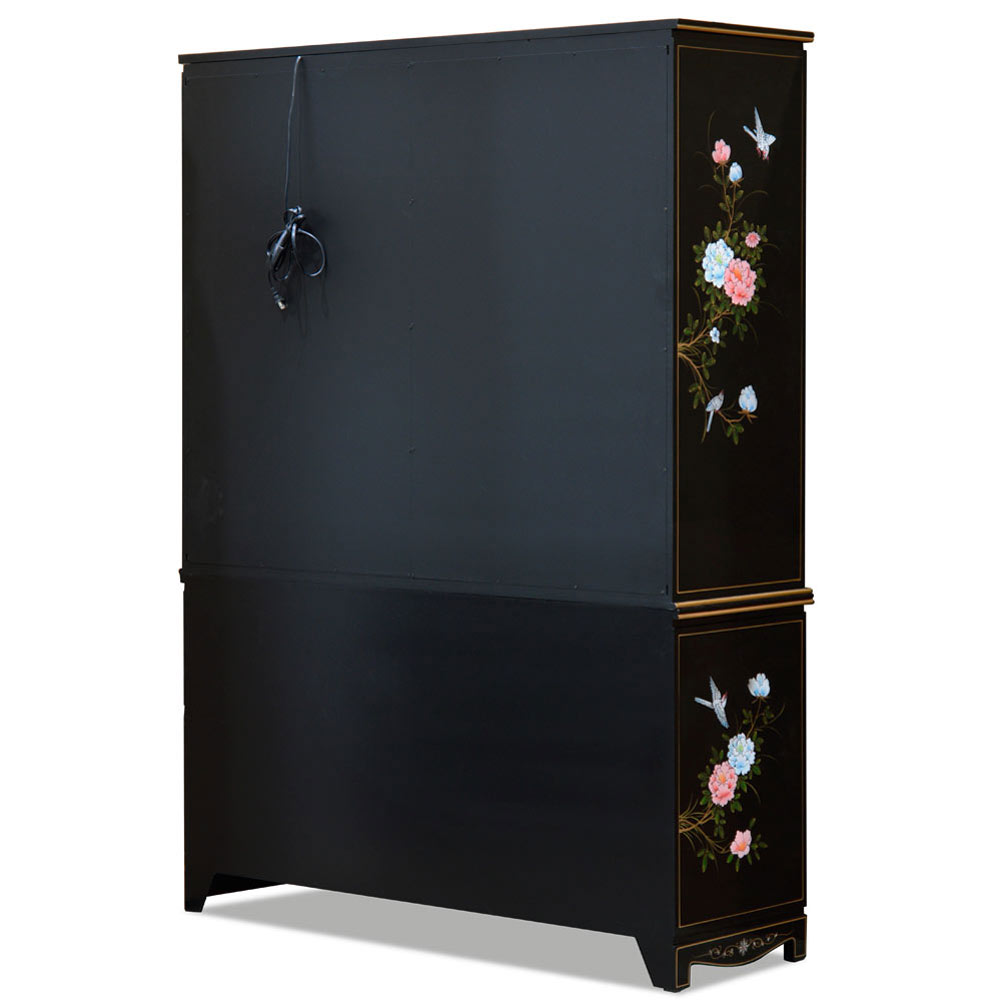 Black Lacquer Oriental China Cabinet with Mother of Pearl Maidens