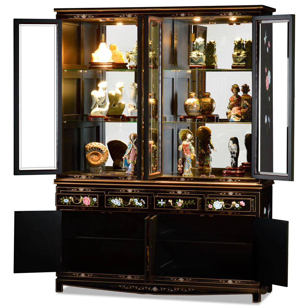 Black Lacquer Oriental China Cabinet with Mother of Pearl Maidens