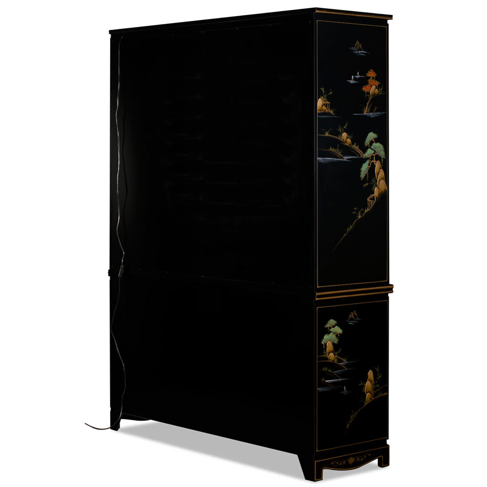 60in Black Lacquer Chinoiserie Oriental China Cabinet