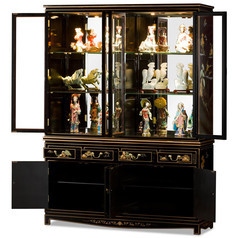 60in Black Lacquer Chinoiserie Oriental China Cabinet