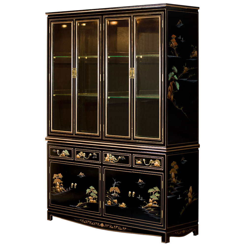 60in Black Lacquer Chinoiserie Oriental China Cabinet