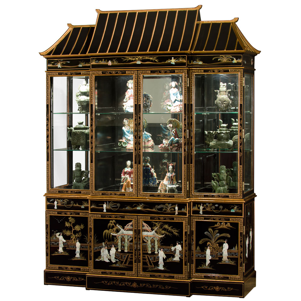 Black Lacquer Mother of Pearl Pagoda Asian China Cabinet